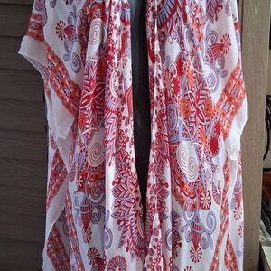 Colorful Women's Kimono with Red and Orange Patterns
